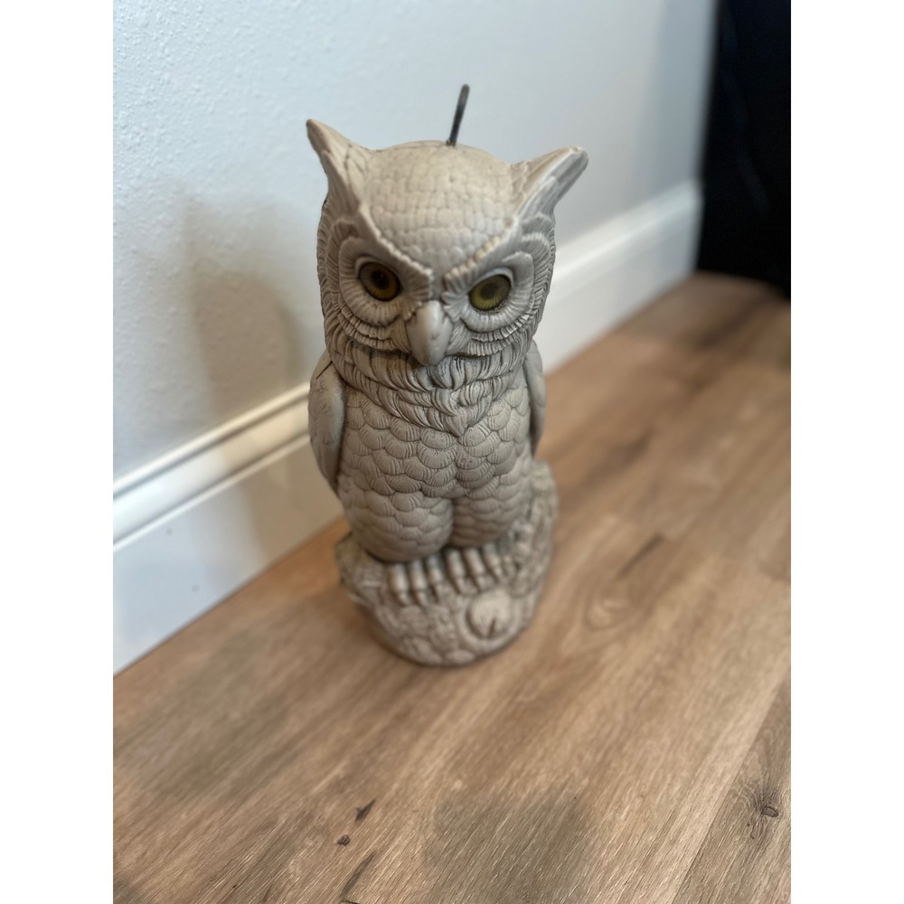 Vintage Great Horned Owl Decoy Statue 12.5" Grey Glass Eyes Cabin Core Garden